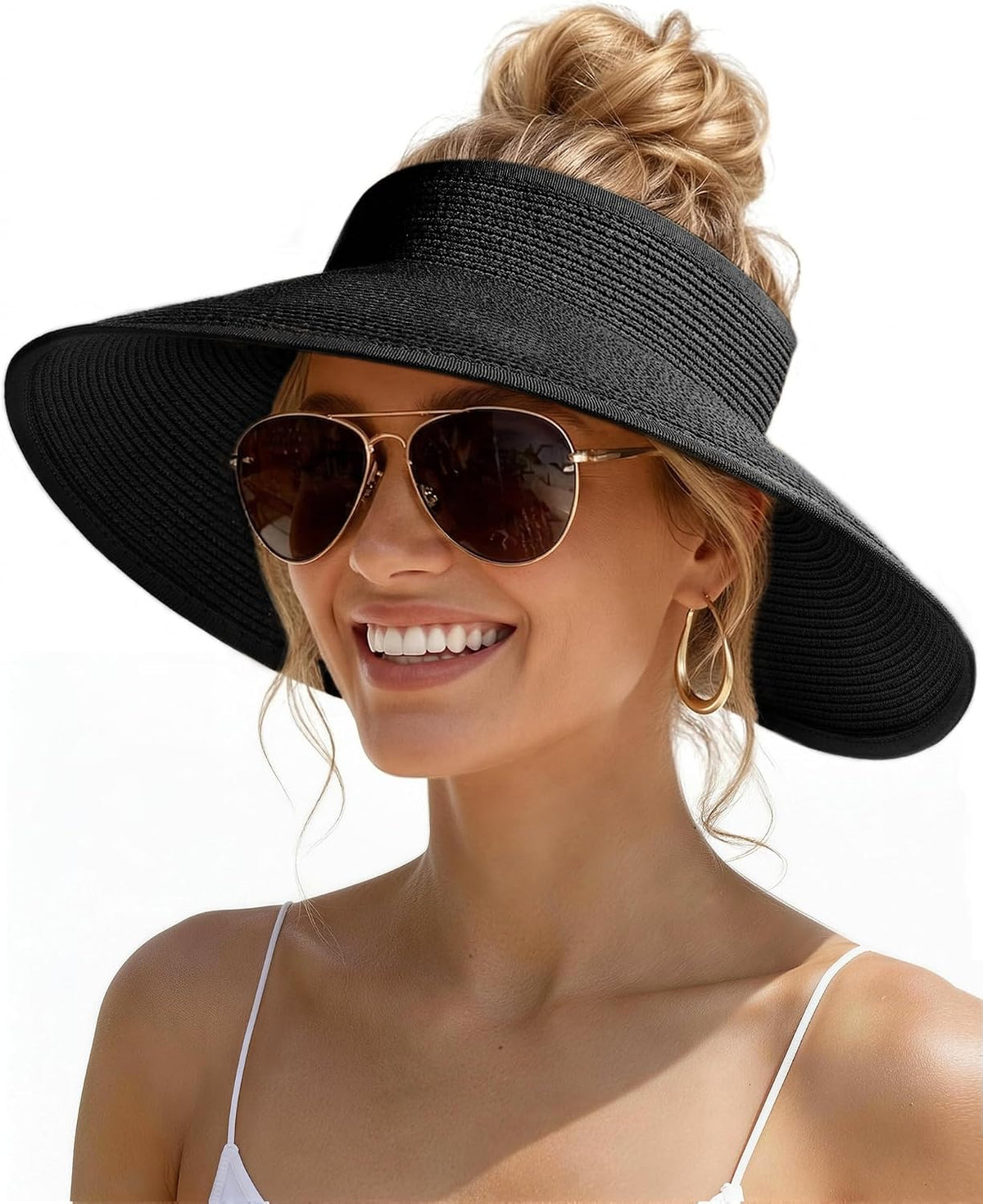 Womens Sun Visor Hats Wide Brim Straw Beach Hat UV Protection Ponytail Packable Beach Vacation Essentials