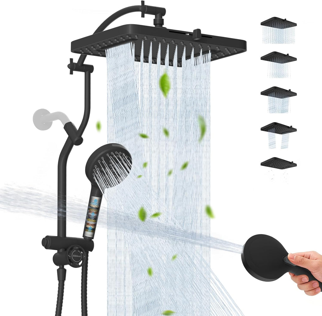 Hibbent 13'' Rain Showerhead Combo, 10 Mode Filtered Handheld Spray, Black