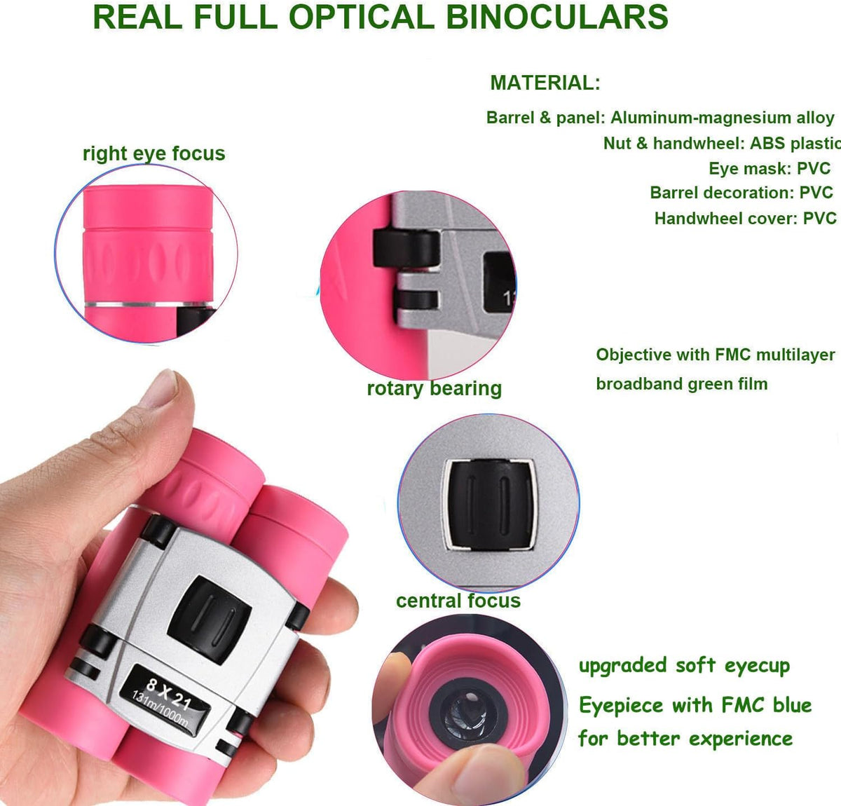 8x21 Compact Binoculars for Adults Teens, Mini Small Full Optical Binoculars for Bird Watching Opera Hiking Hunting Travel Concert (Pink)