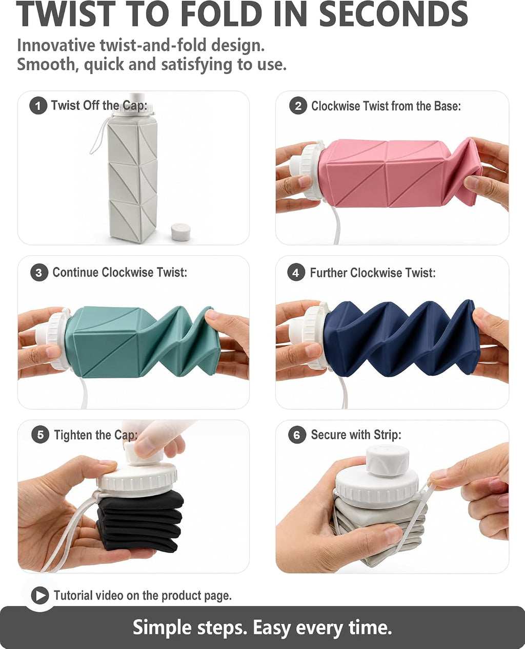 BEAUTAIL Collapsible Water Bottles 21oz/610mL, Silicone Travel Water Bottle