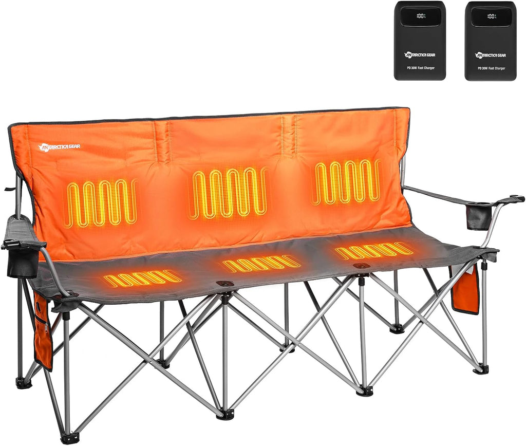 ANTARCTICA GEAR Heated Double Camping Chair with 12V 15000mAh Battery Pack - Heavy-Duty XL Folding Bench for Outdoor, Campsites, Tailgating - Portable Heated Seating with Adjustable Warmth