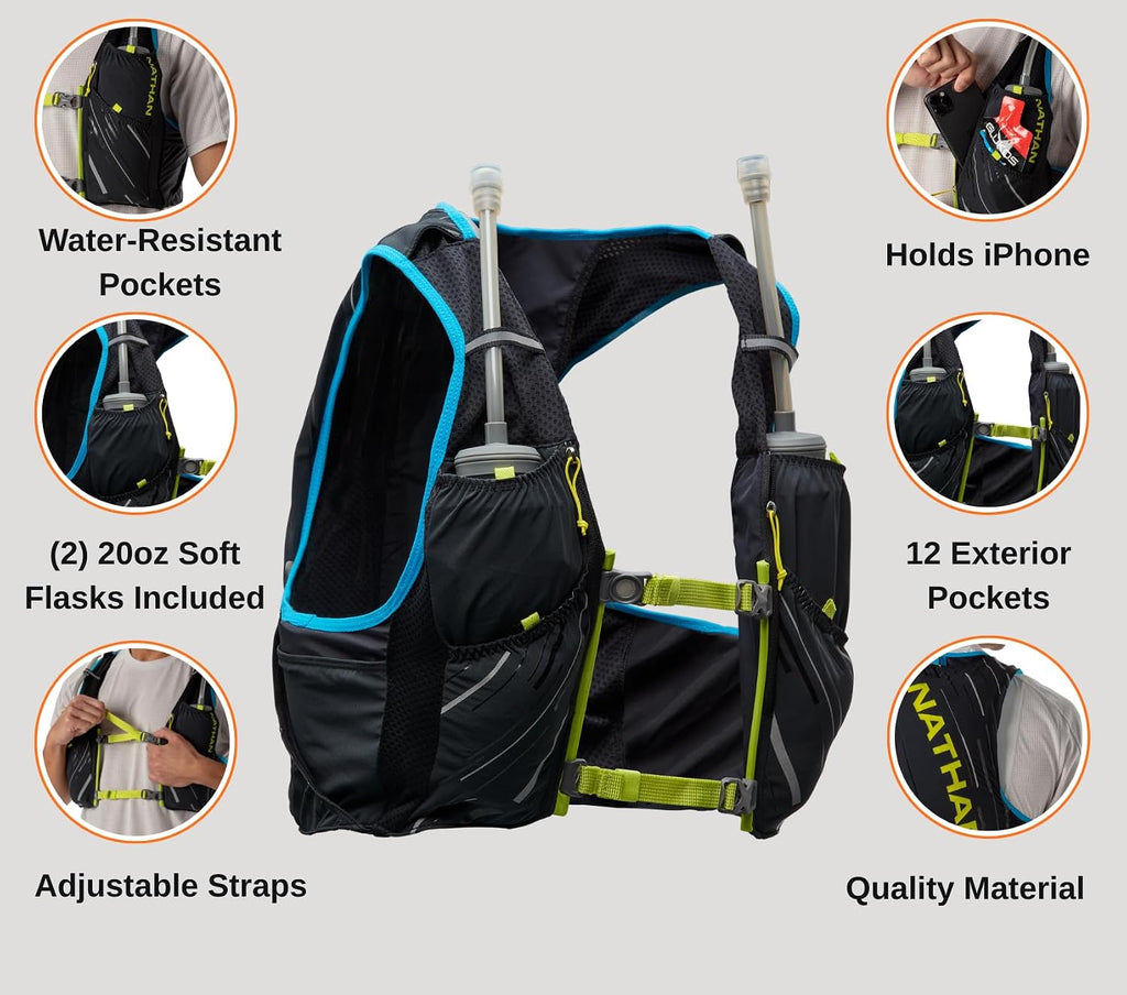 Nathan Men's Pinnacle Race Vest 4L Hydration Pack, Two 20 oz Soft Flasks, Running, Hiking, Water-Resistant, Moisture Wicking, Adjustable Straps