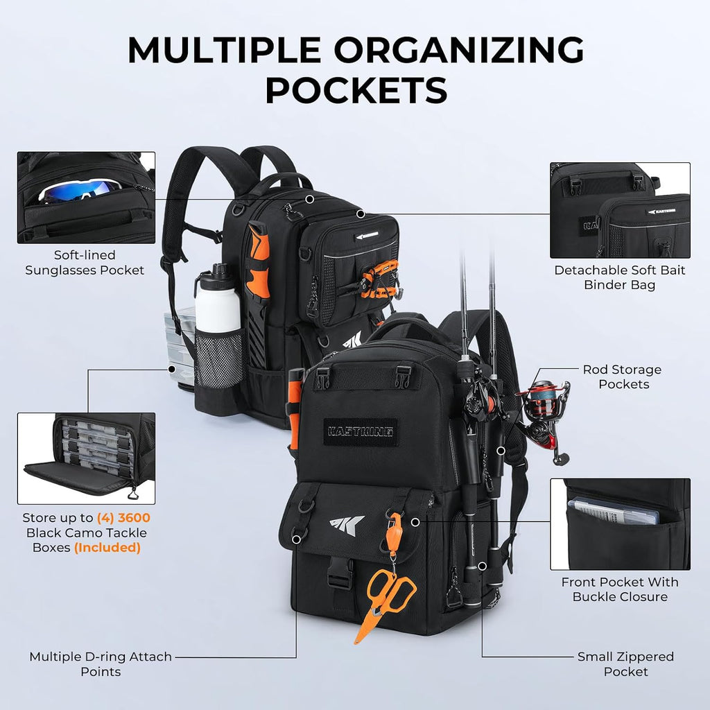 KastKing BaitSpace Fishing Tackle Backpack with Removable Bait Binder,2 Rod Holders Storage Fishing Gear and Equipment