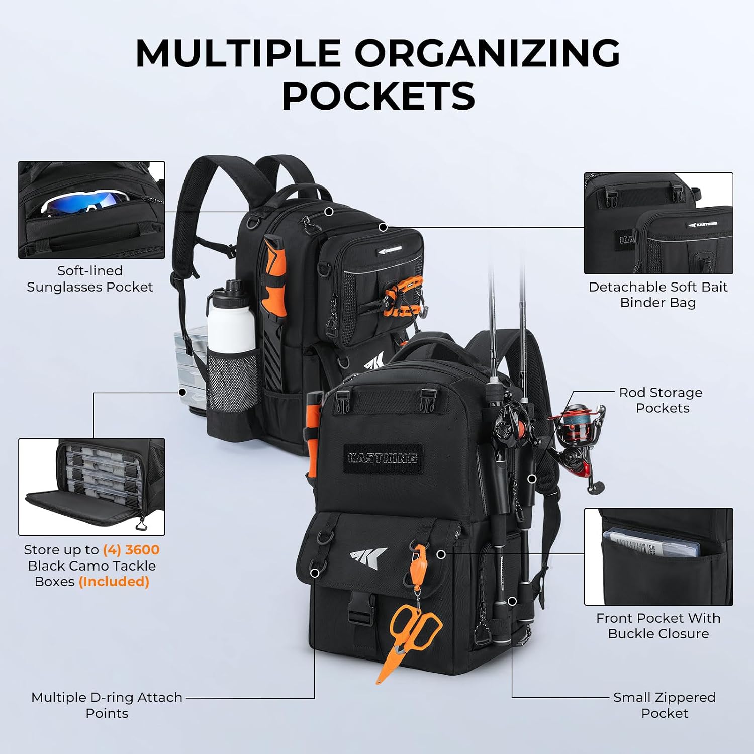 KastKing BaitSpace Fishing Tackle Backpack with Removable Bait Binder,2 Rod Holders Storage Fishing Gear and Equipment
