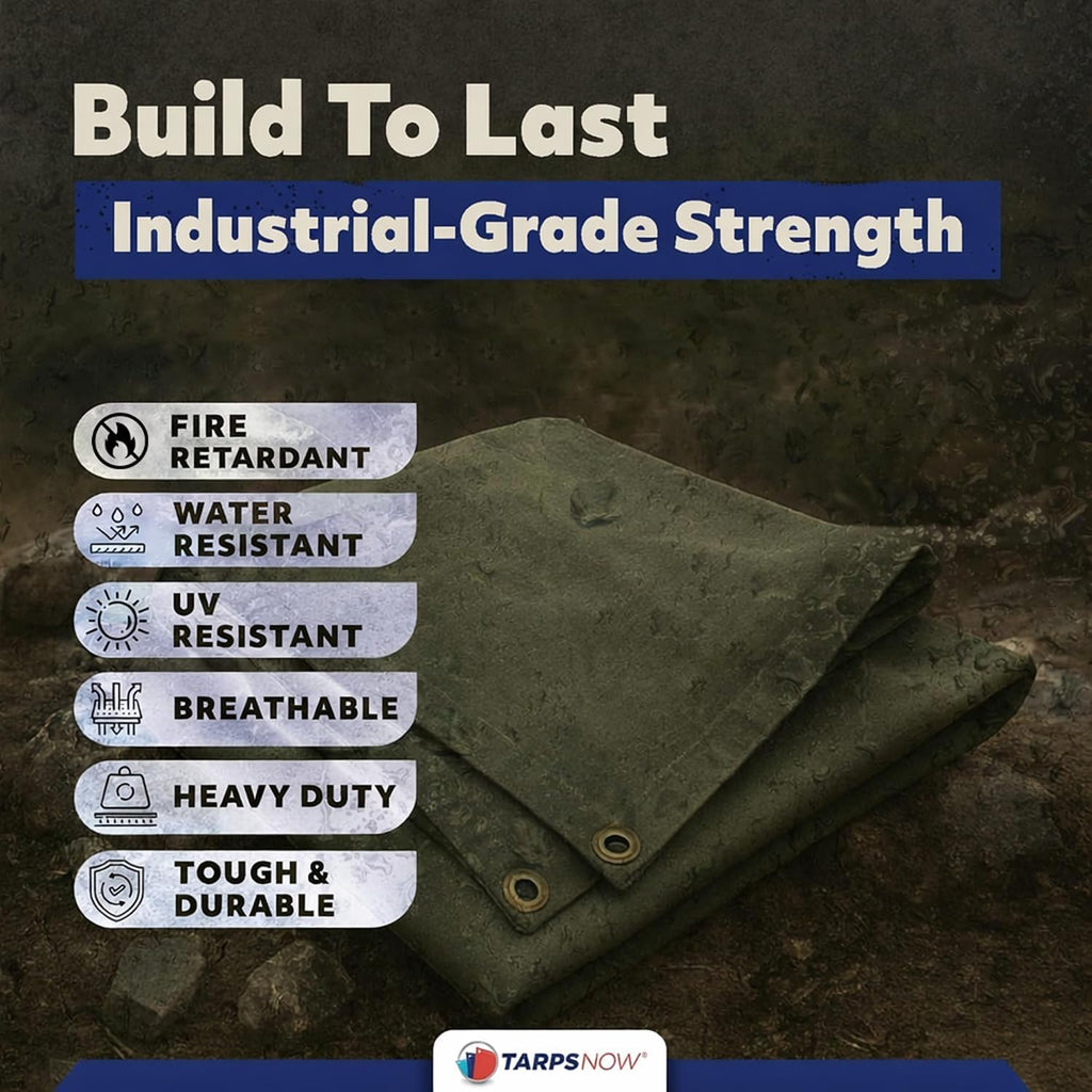 Tarps Now 5x7 Ft Fire Retardant Canvas Tarp with Brass Grommets - 27 Mil Industrial Grade Heavy Duty Tarp for Camping, Construction, Residential, and Agriculture - 16oz, Olive Drab