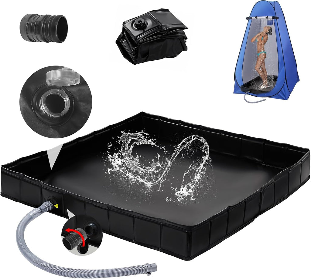 Upgraded Portable Shower Pan 41" x 41" x 5" with Mesh Storage Bag, Foldable Camping Shower Base & Floor with Detachable Drain Pipe Ideal for Camping, RV, Outdoor, Indoor and Portable Shower Stall