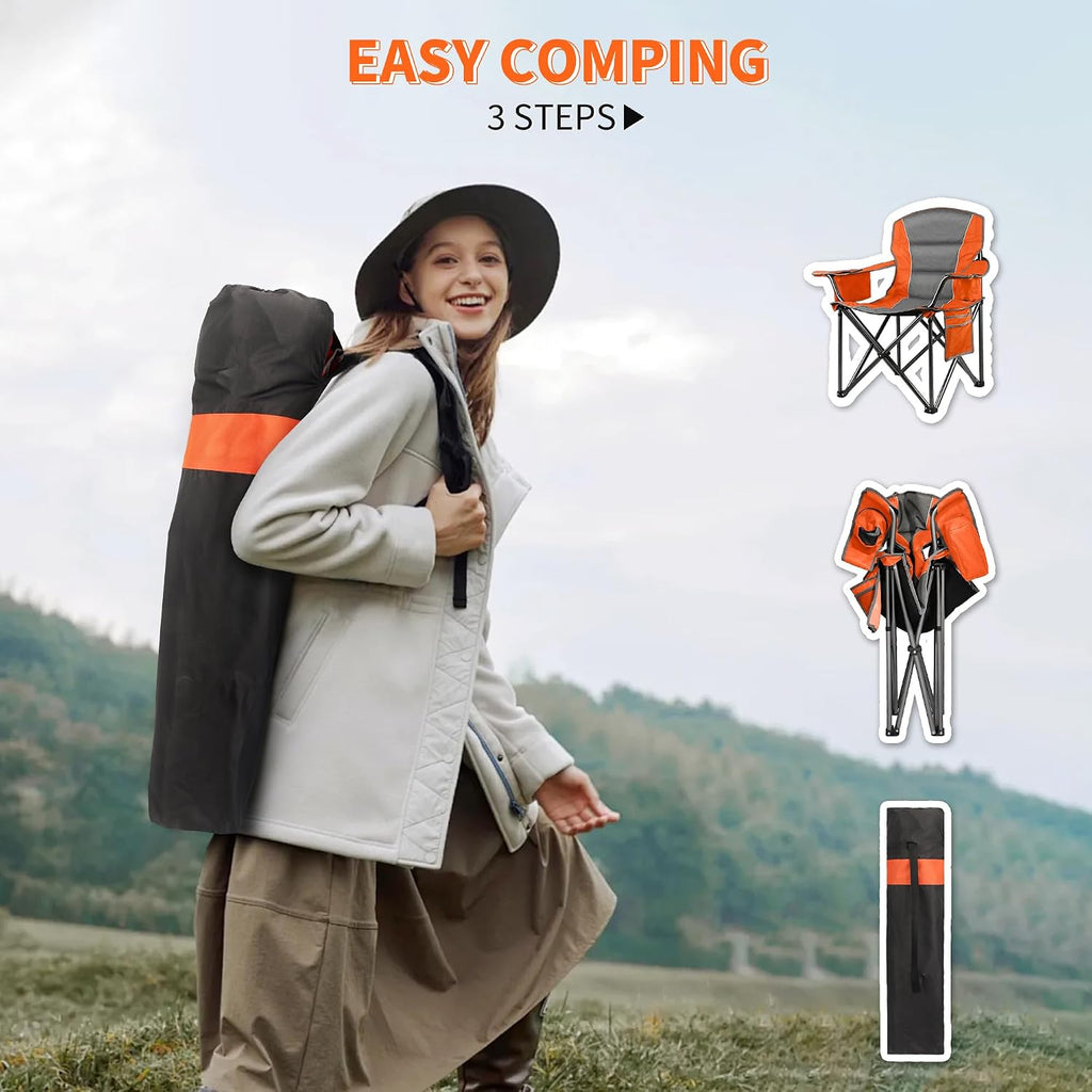 2 Pack Padded Oversized Camping Chairs for Adults,Heavy Duty Support 400 Lbs,Folding Portable Lawn Chair w/Cup Holder,Cooler Bag,Side Pocket,Perfect for Outdoor Picnic,Hiking(Orange&Blue)