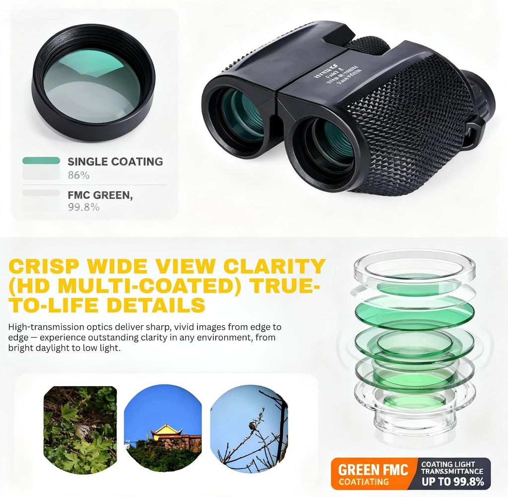 10x25 Compact Small Binoculars for Adults, Large Eyepiece Binocular with Low Light Vision,High Powered Easy Focus Binoculars for Bird Watching,Outdoor Hunting,Sport Games,Theater and Concerts