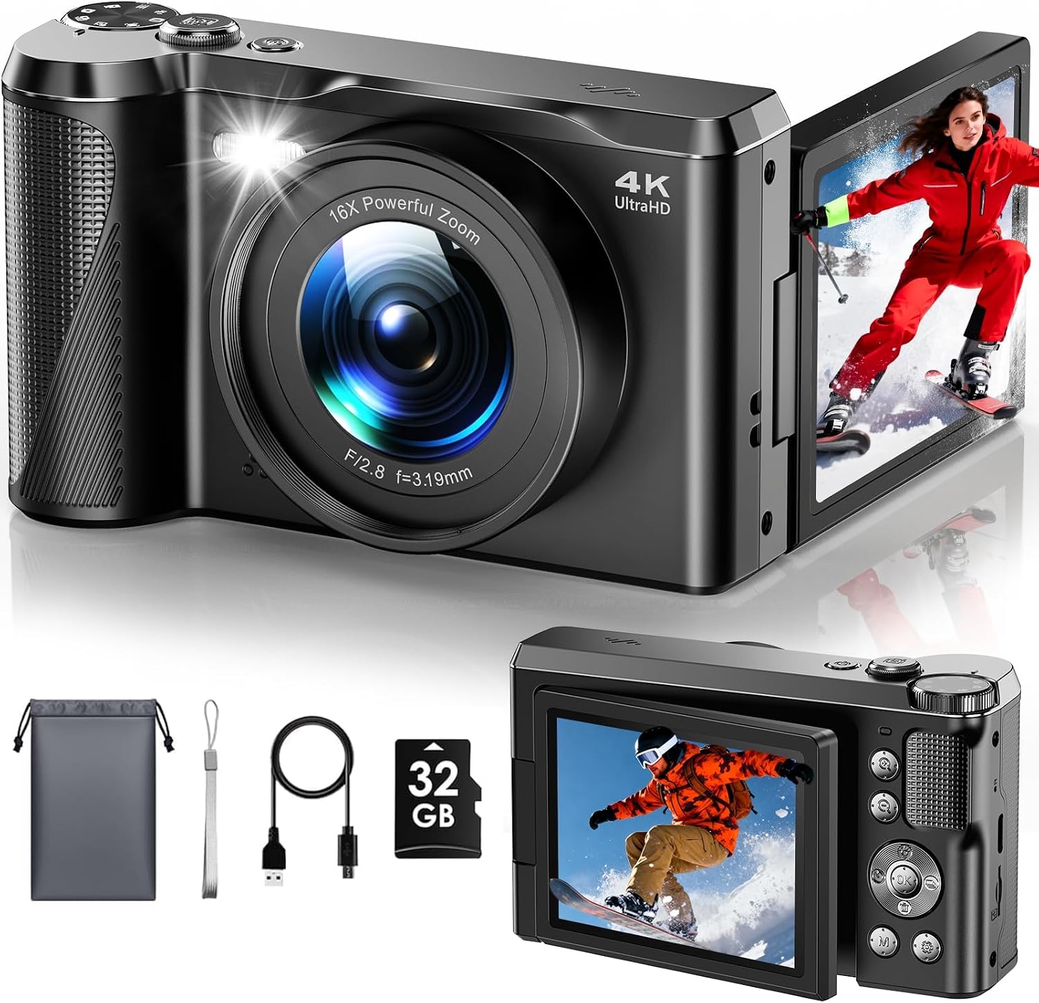 Focusinc 4K Digital Camera for Photography, Autofocus 56MP Vlogging Camera with 32GB SD Card, 3" 180° Flip Screen Compact Travel Camera for Teens Begnners with 16X Zoom,Pink