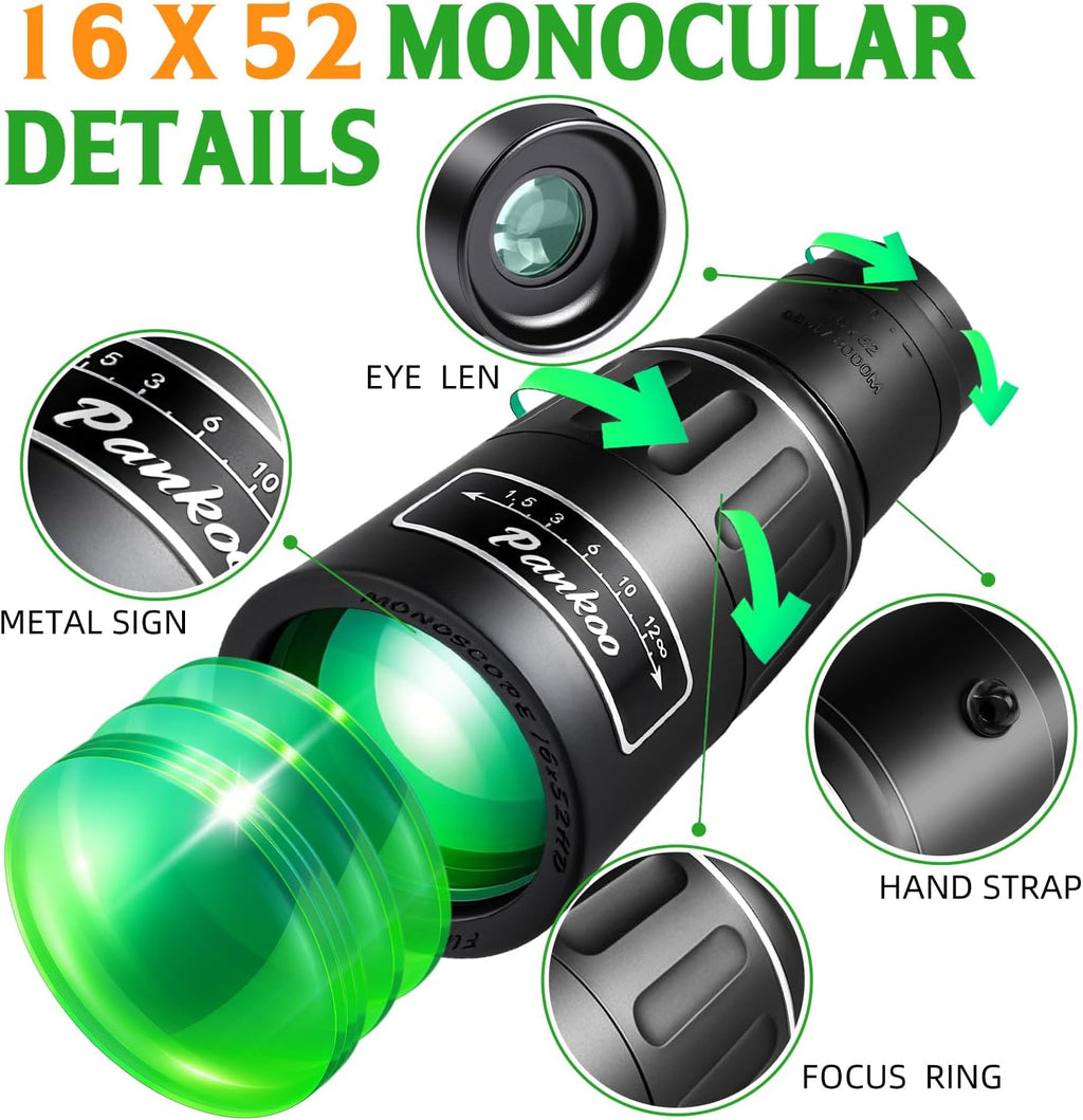 Pankoo 16X52 High Powered Monocular Telescope for Adults - Power Prism, Compact HD Scope, Perfect for Gifts, Hiking, Concert, Travelling & Bird Watching