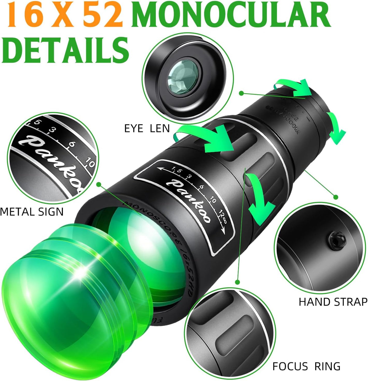 Pankoo 16X52 High Powered Monocular Telescope for Adults - Power Prism, Compact HD Scope, Perfect for Gifts, Hiking, Concert, Travelling & Bird Watching