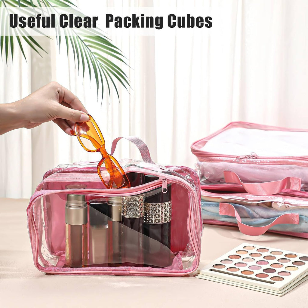 Hillban 6 Pcs Large Clear Packing Cubes for Travel, 3 Sizes PVC Bags, Pink