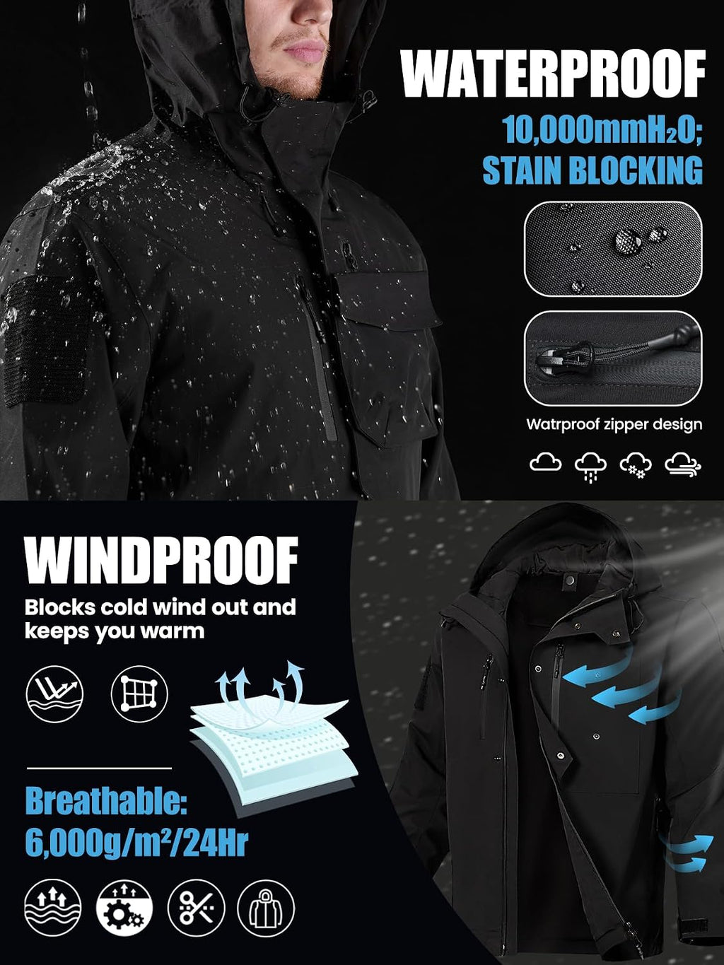 Men's Waterproof Tactical Jacket Lightweight Hooded Raincoat Stain Resistant Breathable Outdoor Shell