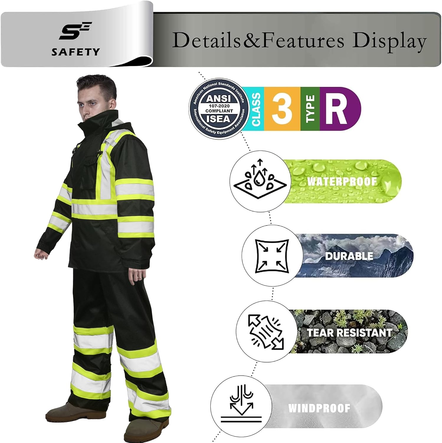 sesafety Hi Vis Rain Jacket, Rain Suits for Men Waterproof withBlack Bottom