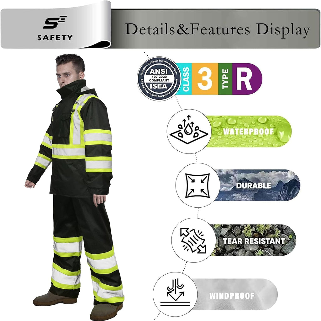 sesafety Hi Vis Rain Jacket, Rain Suits for Men Waterproof withBlack Bottom
