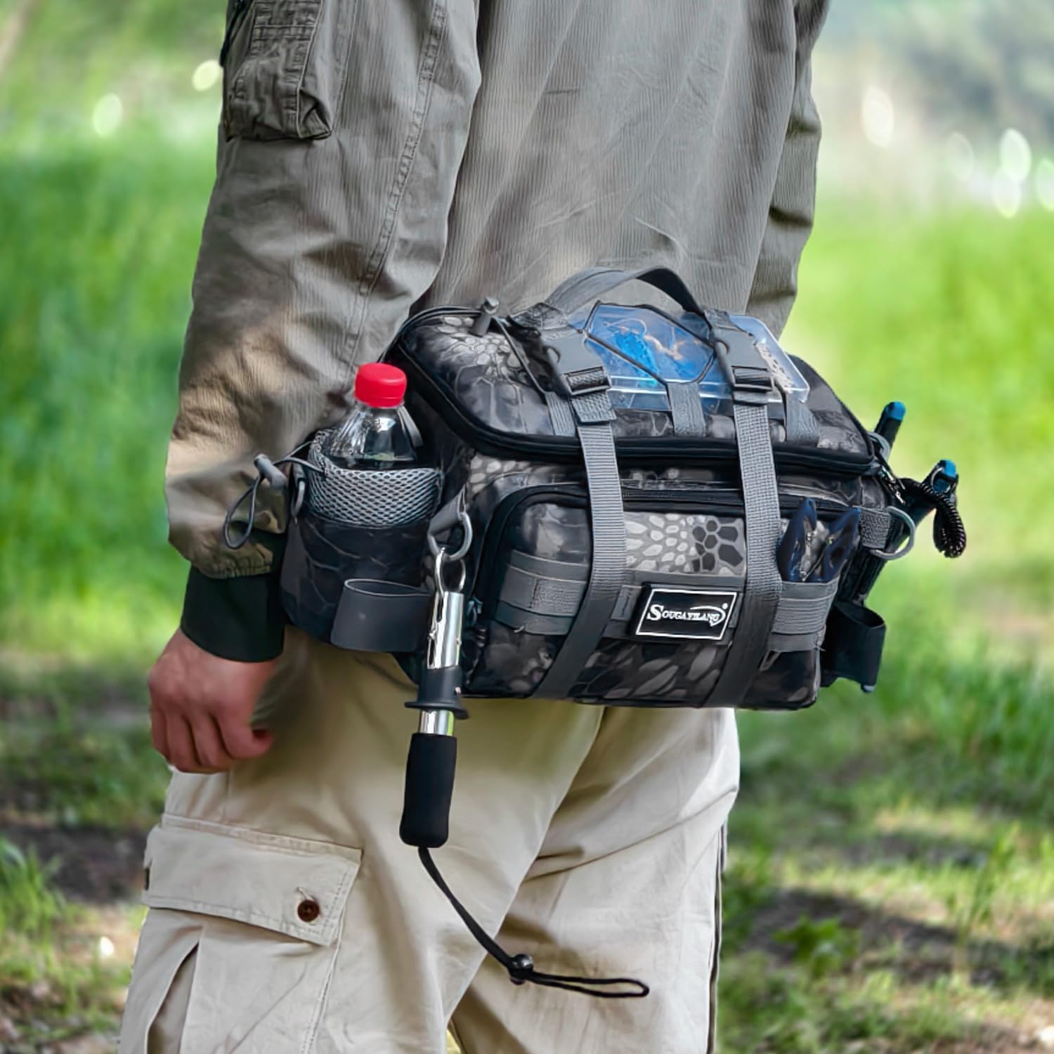Sougayilang Fishing Tackle Bags with 3600 Tackle Tray - Fishing Tackle Storage Bags for Saltwater or Freshwater Fishing Gear - Padded Shoulder Strap - Tackle Box Bag Fishing Bag(Grey)