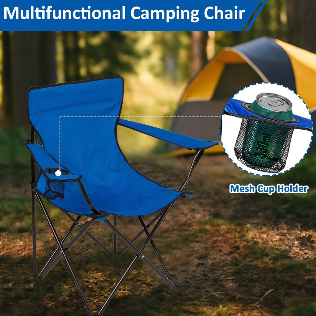 Folding Camping Chair with Cup Holder, 225lbs Capacity, Portable Foldable Chair with Large Anti-Sink Feet, PE Coated Fabric for Outdoor, Beach, Fishing, Backpacking, Blue 2PCS