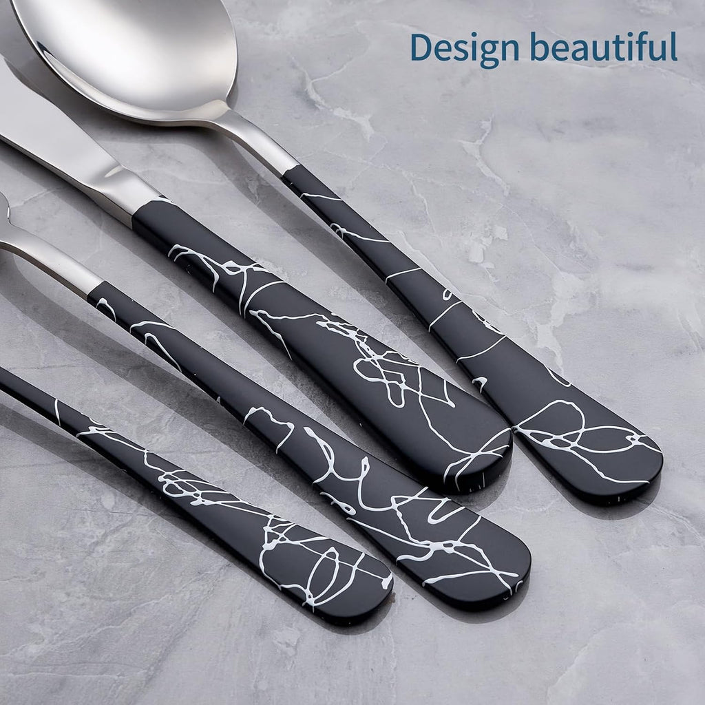 20-Piece Black cracks Silverware Set 18/0 Stainless Steel Silverware Set Yellow Handle Cutlery Black Set Service for 4 Dinner Knives Forks Spoons Set Flatware Set Finish Dishwasher Safe