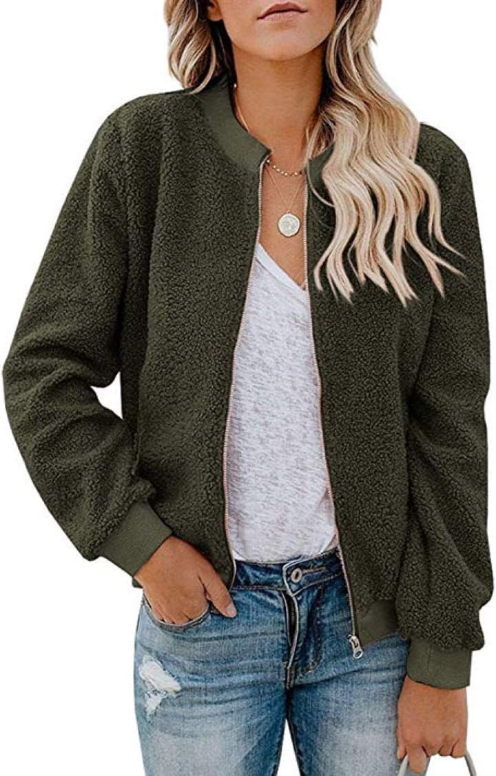 MIROL Women's Fall Fleece Bomber Jacket Trendy Sherpa Winter Coat Fuzzy Casual Long Sleeve Zip Up Loose Fit Jackets