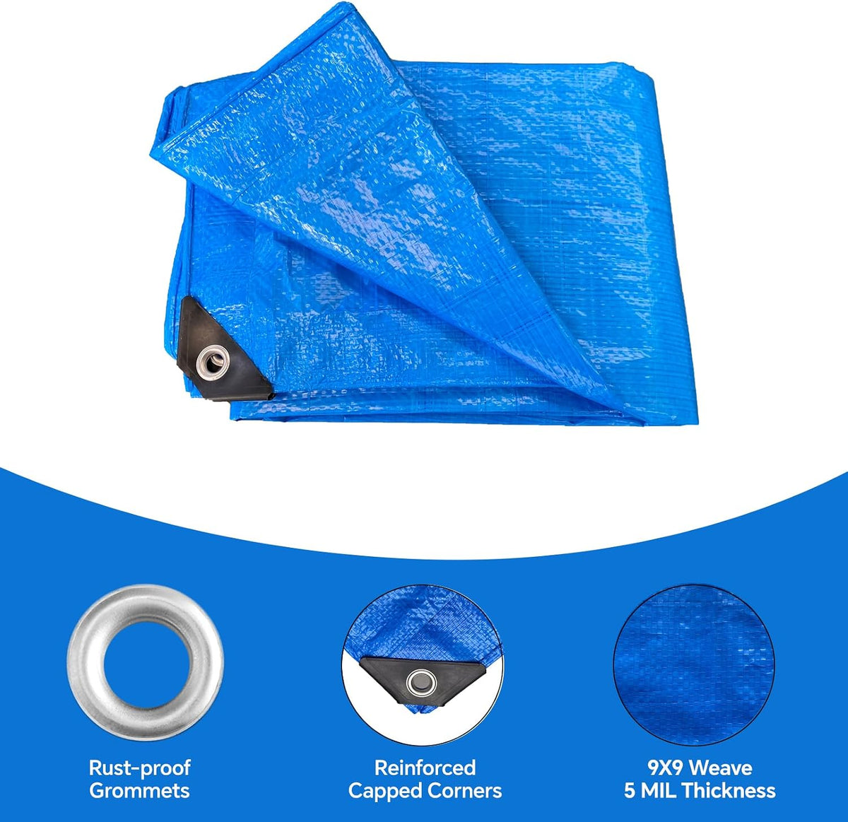 Blue Tarp 8x10 FT (4 Pack), 5 Mil Waterproof Poly Tarp, Reinforced Edges, Upgraded 20" Grommet Spacing, Multi-Purpose Tarpaulin, Cover for Camping, Roof, Yard, Budget Value Pack