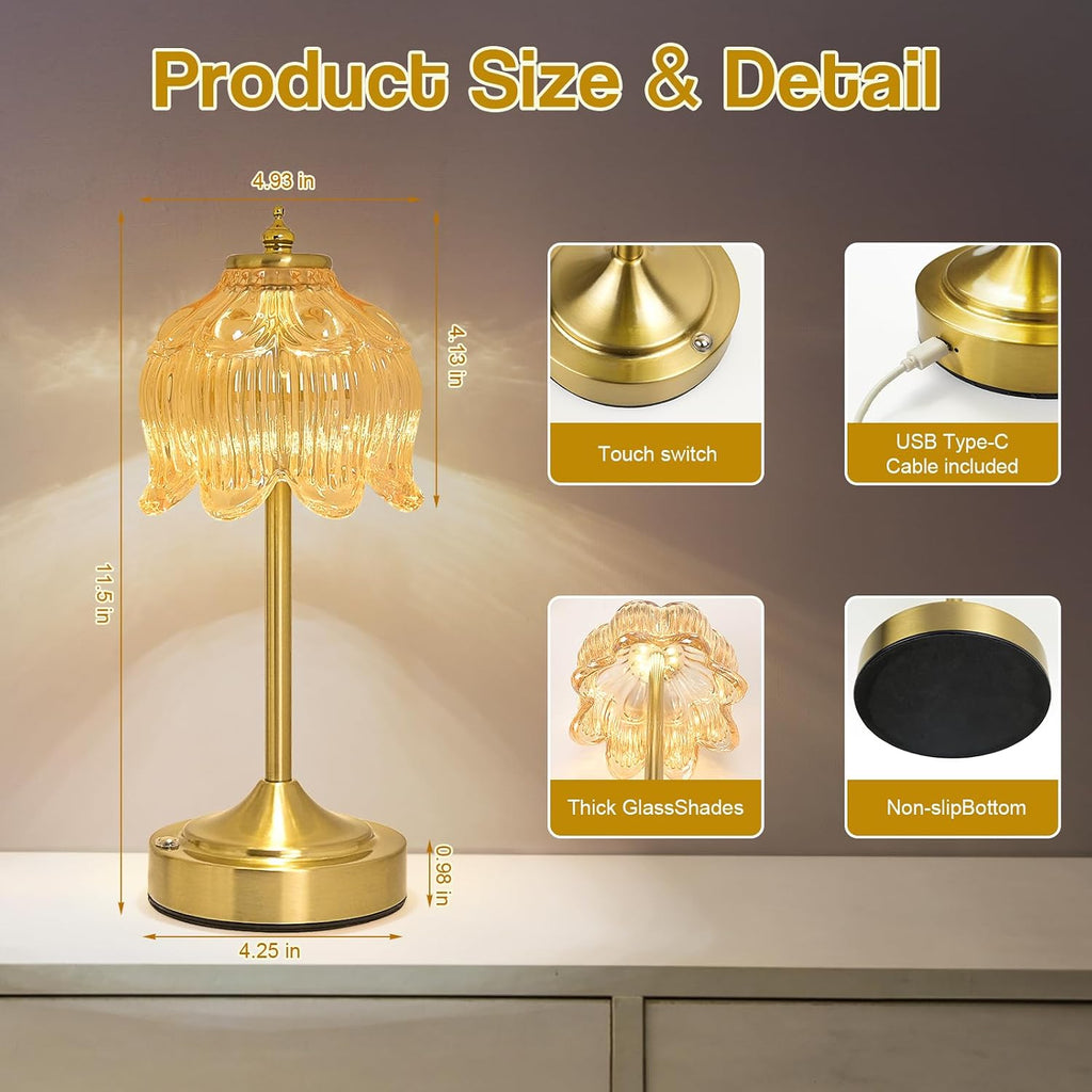 Cordless Table Lamp, Rechargeable Amber Glass Lotus Flower Lamp