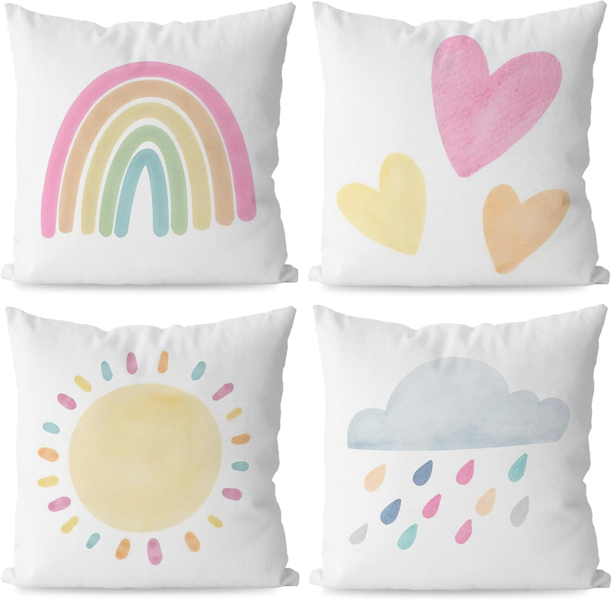 KEUSPI Classroom Moving Mountains Decor Kids Decorative Throw Pillow Covers18×18, Adventure Camping Decor Rainbow Sun Mountain Pillow Cover, Kids Pillows for Playroom Nursery Decor Set of 4