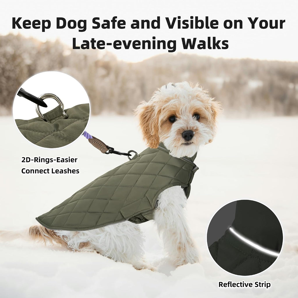 Mile High Life Dog Warm Coat, Small Dog Winter Jacket Windproof Water Resistant Cold Weather Coats Cozy Snow Jacket Vest for Puppies (Olive Green, Medium Chest 17.3")