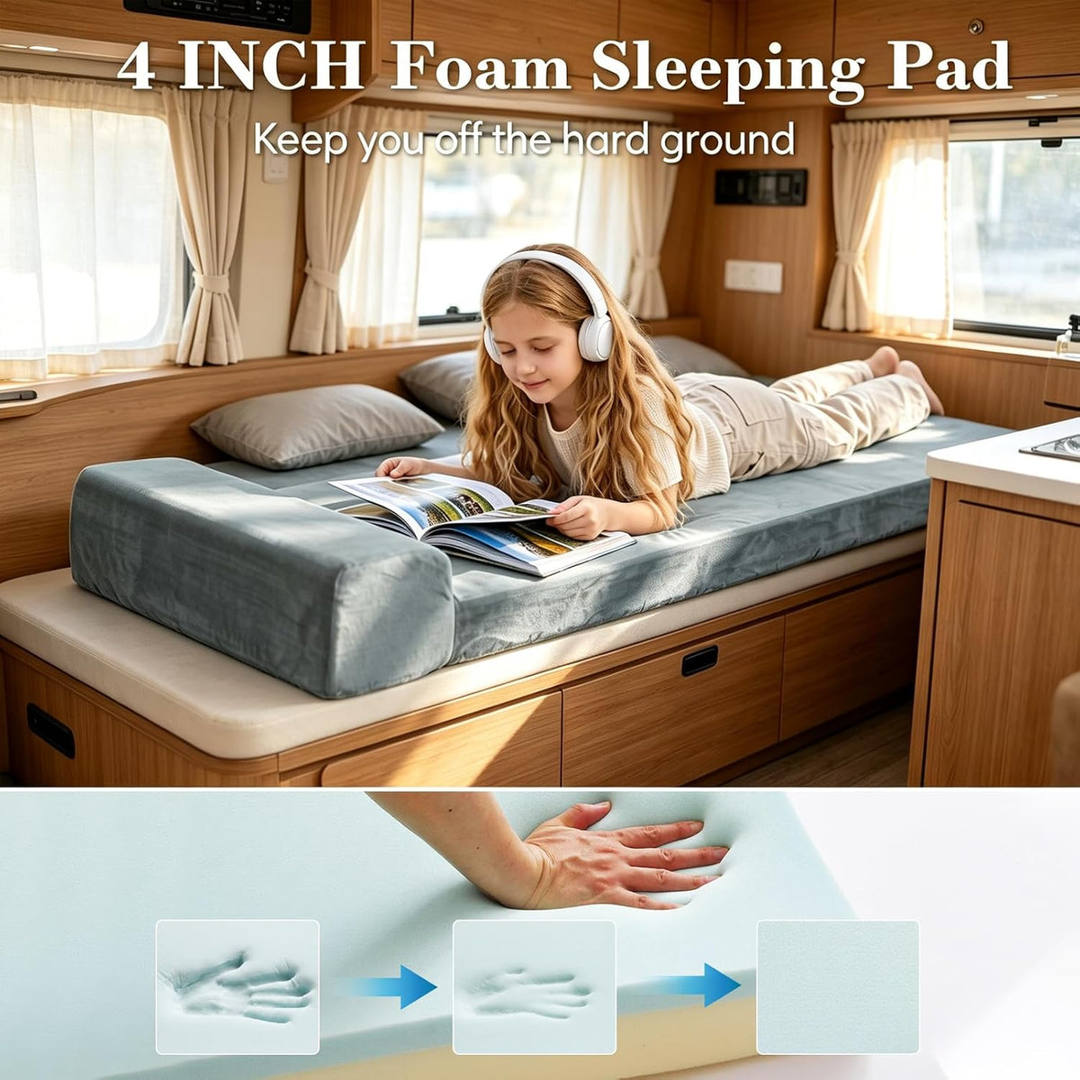 Thick Foam Camping Sleeping Pad, Soft Sleeping Mat, Double Side Fluff Camping Cot Pads for Adult, Non-Slip Roll up Camping Cot Mattress Topper for Camp Cot/Rv Bunk/Narrow Twin Beds, Pad Only
