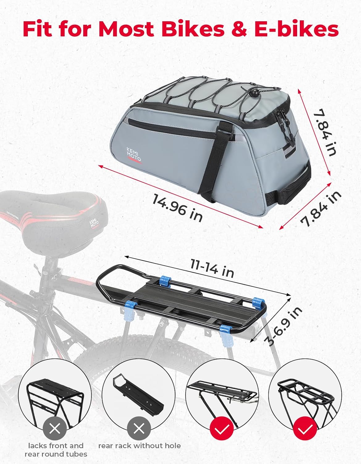 KEMIMOTO 3-in-1 Rear Bike Bag, 11L Convertible Backpack/Shoulder Bag, Gery