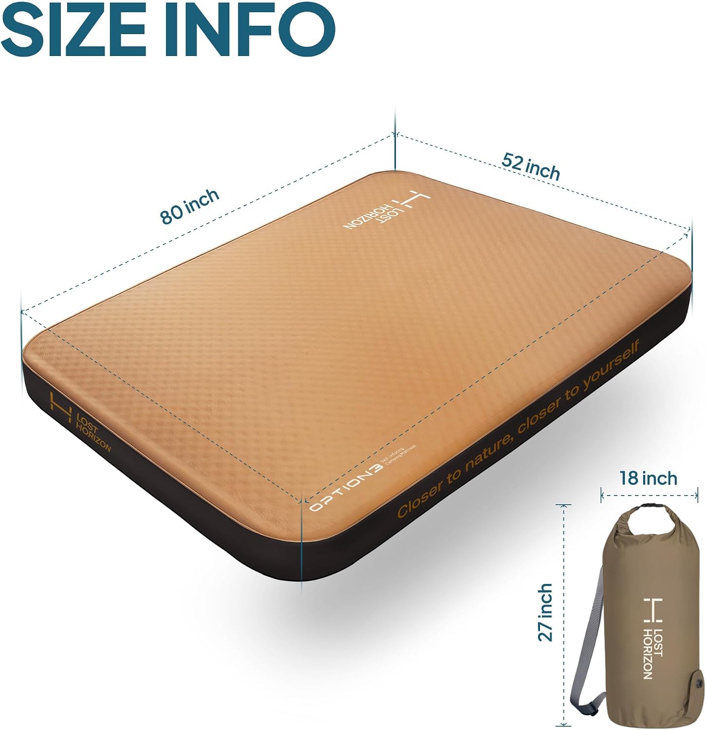 Lost Horizon Option3 Self-Inflating Foam Camping Mattress, Full, 4.5"