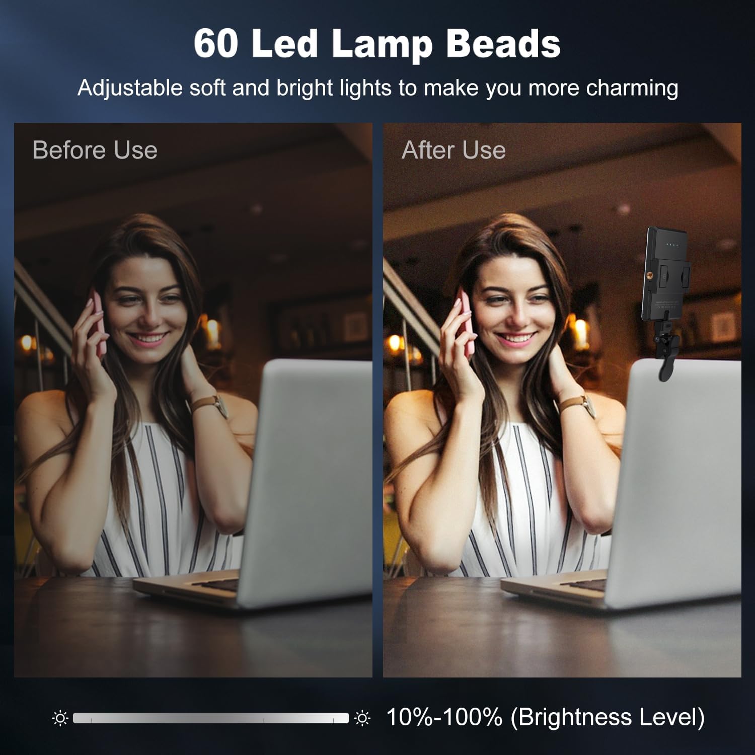 Selfie Light, Phone Light with Front & Back Clip, 60 LED Portable Light with 3 Modes, 5000mAh Rechargeable Video Light for Phone, iPhone, IPad, Laptop, TikTok, Makeup, Live Stream, Vlog(Black)