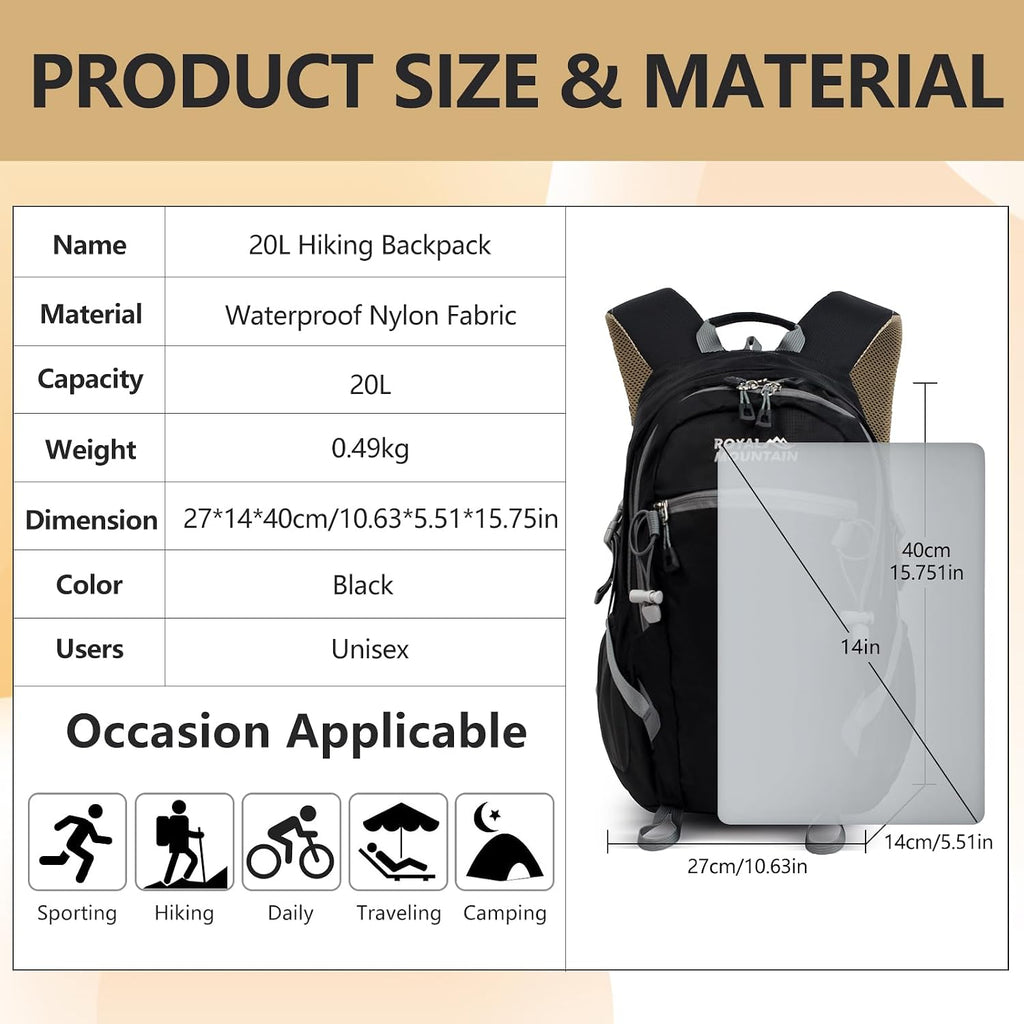 Hiking Backpack With Rain-cover, 20L Travel Backpacks For Women Men, Camping Daypack Backpacks Lightweight, Durable Hiking Backpack Fit For Camping, Daily Commuting, Short Trips (Black)