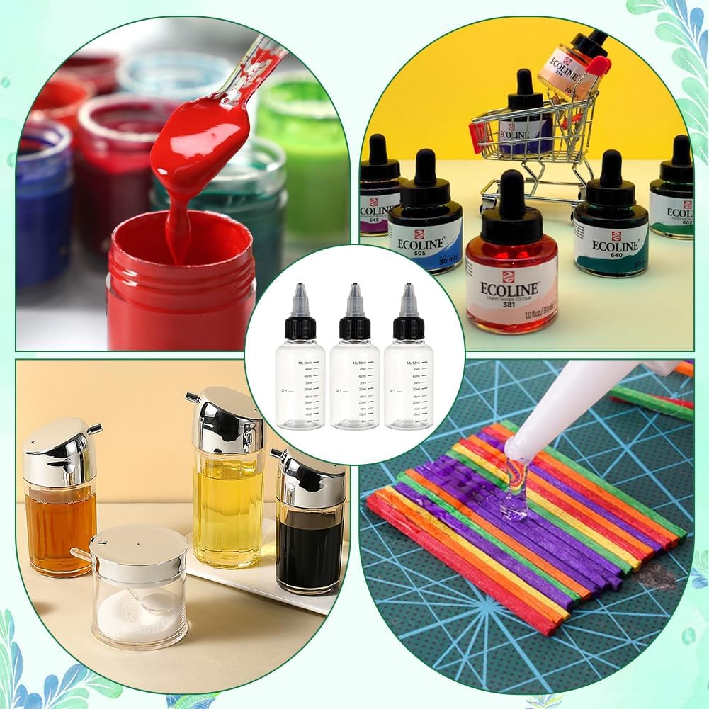 BENECREAT 15 Pack 50ml Transparent Plastic Dispensing Bottle with Twist Cap and Graduated Measurement for Liquids, Inks, Oils, Arts and Crafts