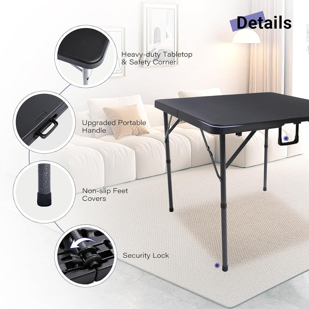 34" Square Folding Card Table,Fold-in-Half Utility Portable Table,Black