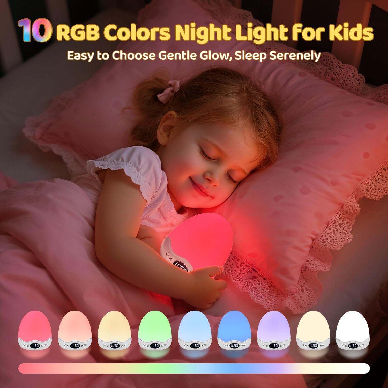 COOLNIGHT Egg Light with Clock,Stepless Dimming&10 Colors Baby Night Light