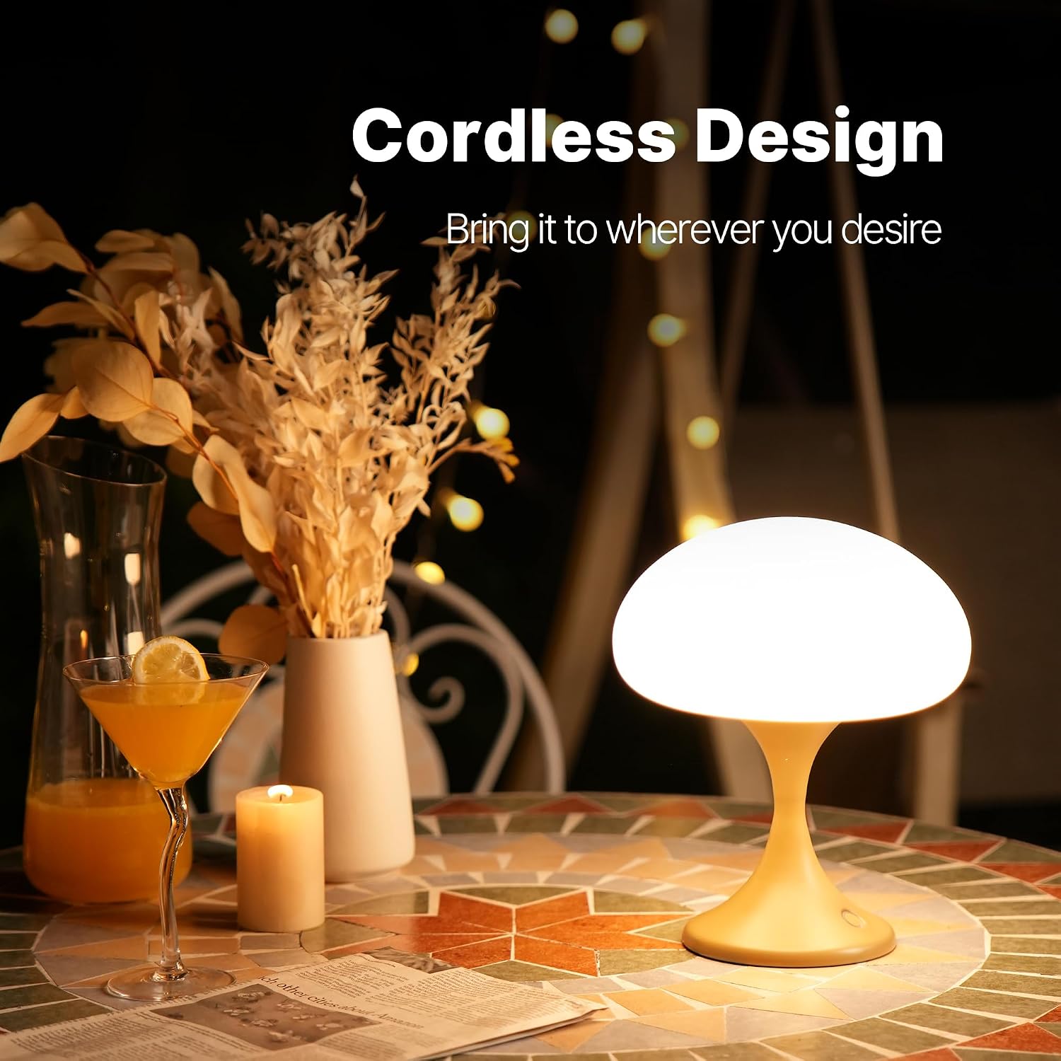 MAGCHARM Mushroom Lamp, 5W LED Cordless Rechargeable Table Lamp with Glass Shade, Small Retro Dimmable Touch Light with 3 Color Temps, Aesthetic Mid Century Bedside Light for Bedroom Ambient, Mustard