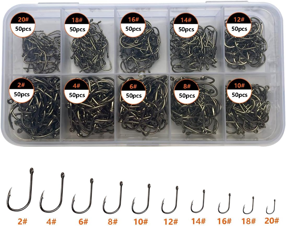 AMHDV 300Pcs/ 500Pcs/ 1000Pcs Small Fishing Hooks, 10 Different Sizes Tiny Fish Hook Set for Freshwater