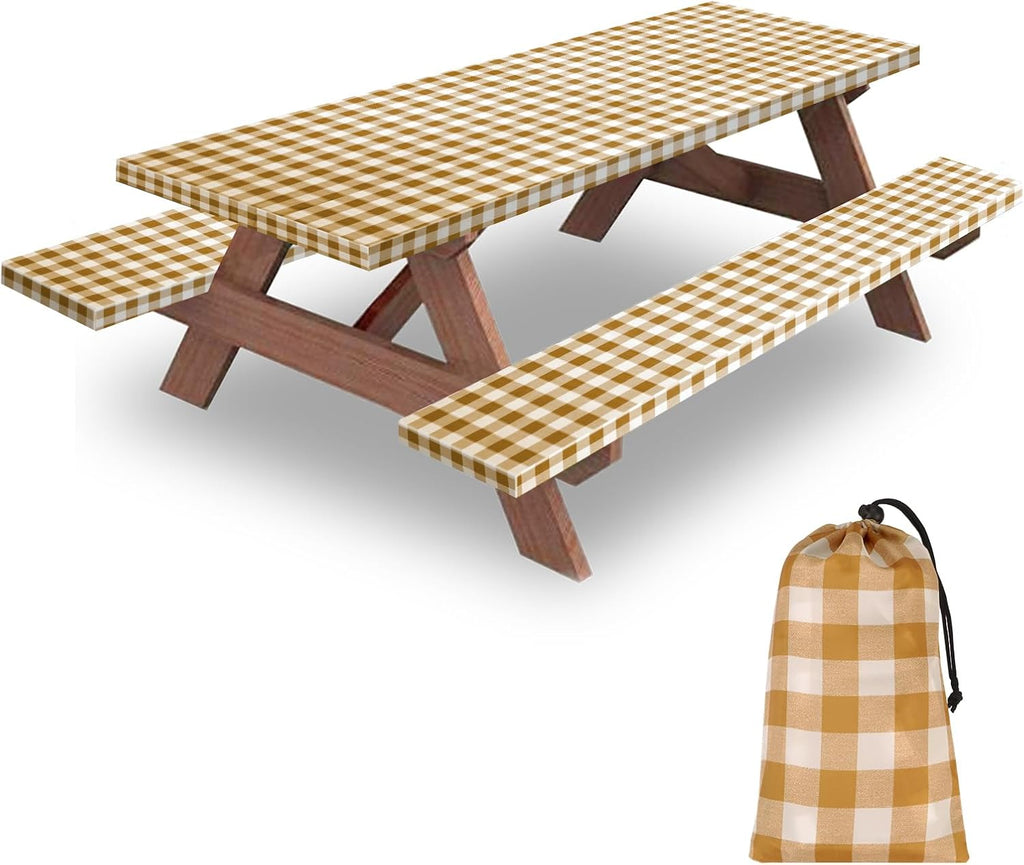 6ft 72in Picnic Table and Bench Cover, 3 Pack, Coffee Checkered