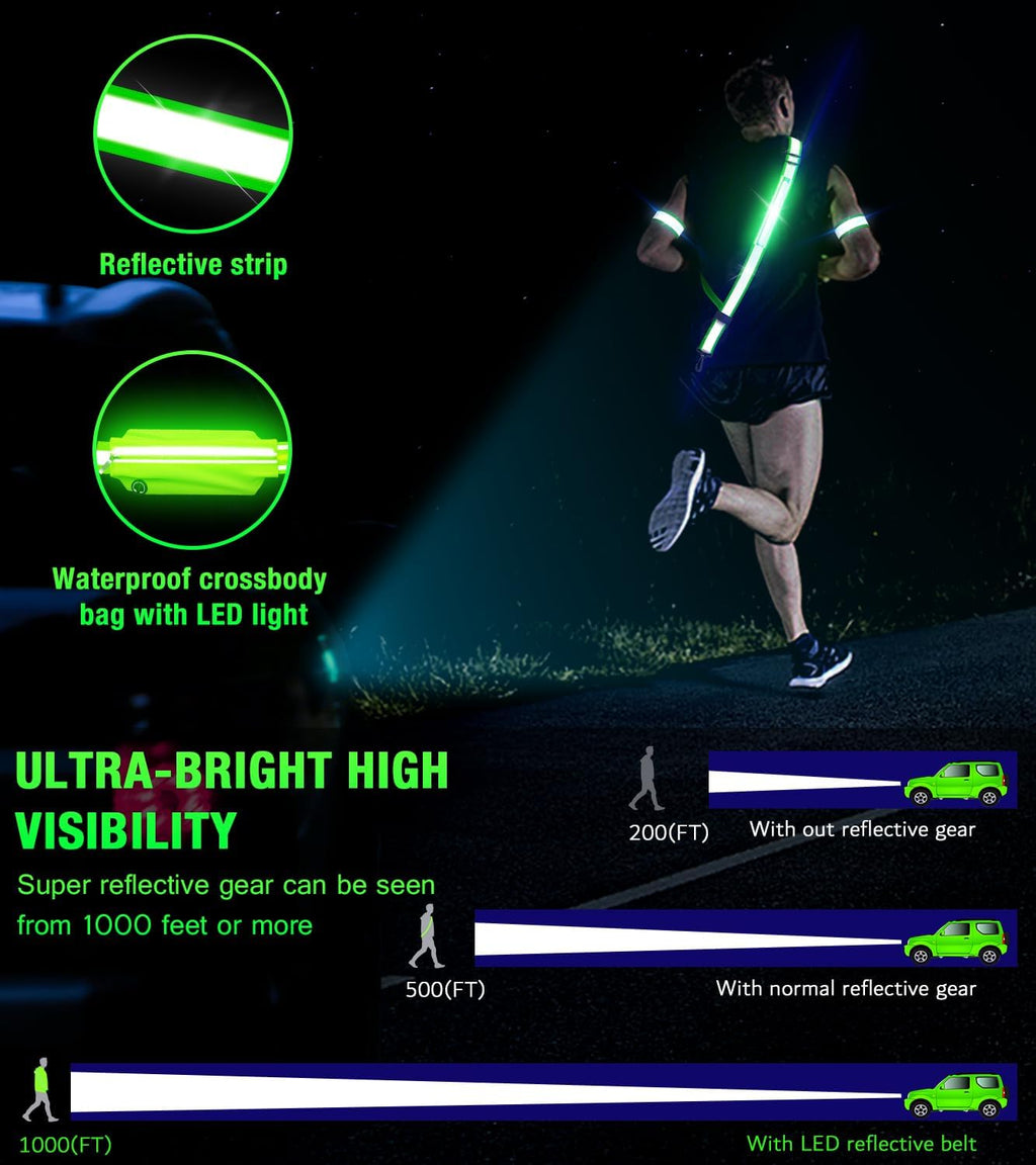 Ylzzrs LED Belt Reflective Sash for Walking at Night,High Visibility Adjustable Night Running Safety Gear,Light Up Running Belt Reflective Gear with Phone Bag/Armband for Runners Walkers Men Women