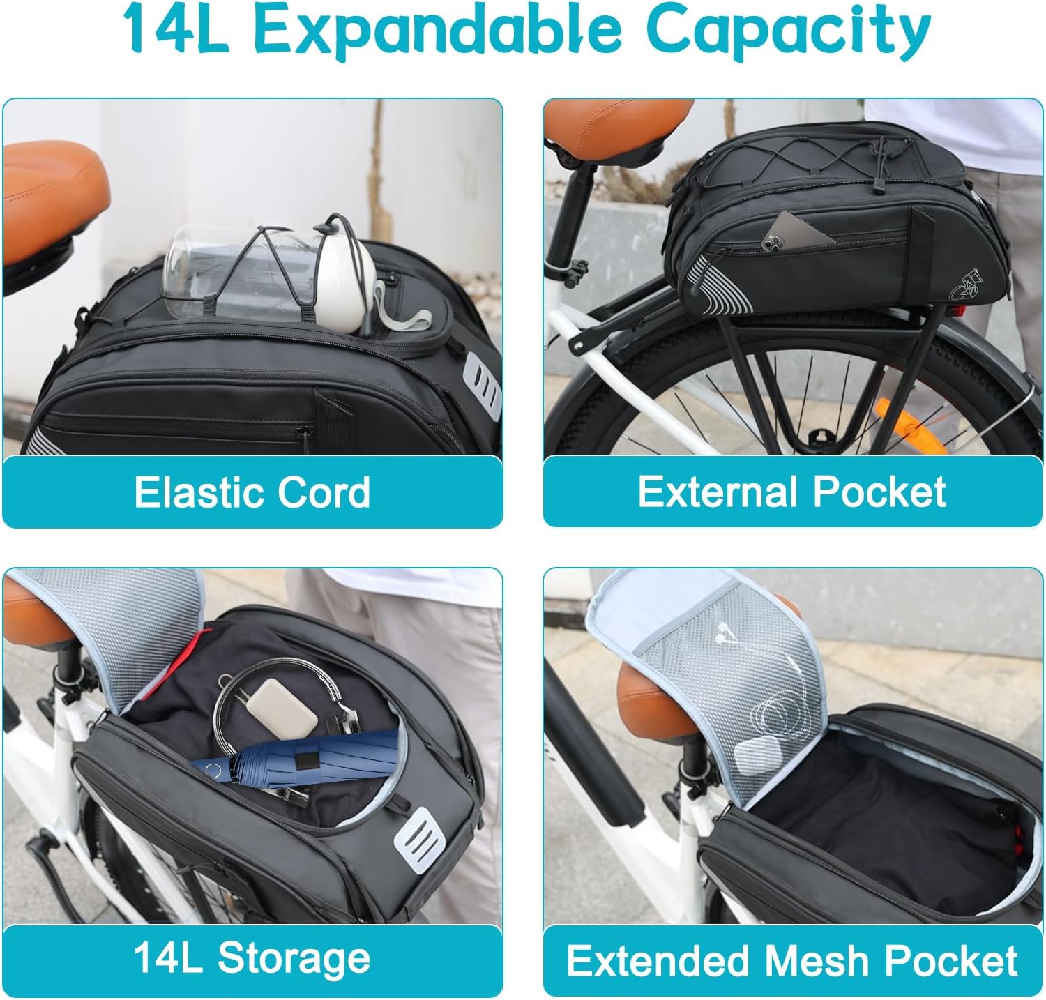 YEEGO DIRECT Bike Rack Bag, 14L Expandable Capacity Bike Bags for Bicycles Rear Rack,Water-resistant Bike Trunk Bag, Bike Panniers Reflective Design, Crossbody Shoulder Bag for Commuting Outings