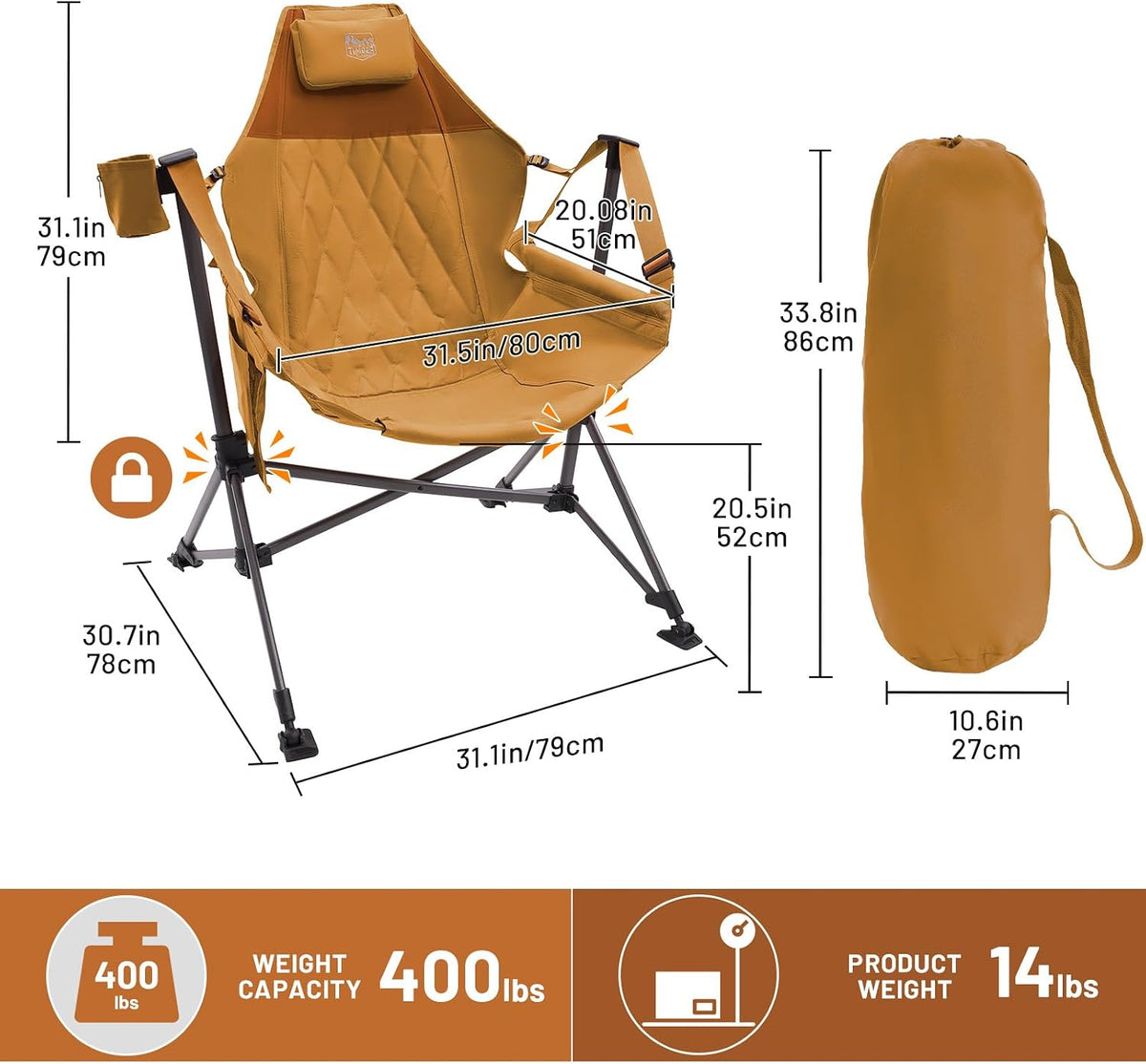 TIMBER RIDGE Hammock Camping Chair, Oversized Swinging Chair, 400lbs Load