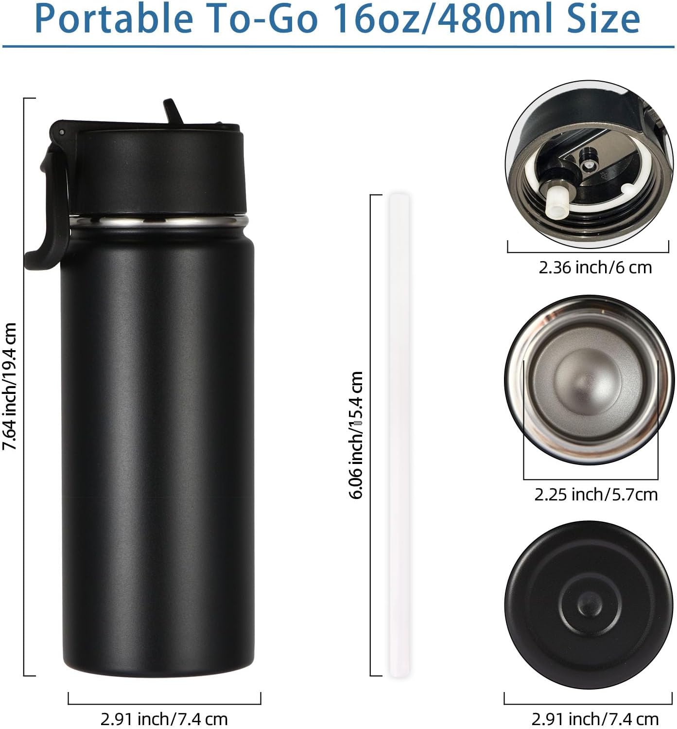 Volhoply 16 OZ Kids Water Bottle Bulk 4 Pack,Insulated Sports Bottles with Straw Lid,Stainless Steel Bottle with Handle Keep Cold & Hot,Double Wall Vacuum Tumbler Cups for School,Girls(Black, 4)