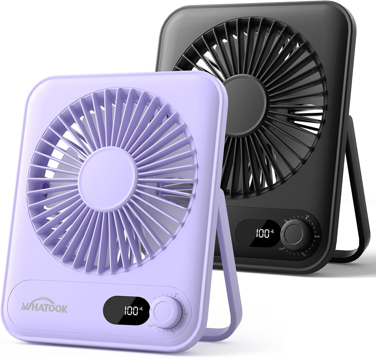 WHATOOK Small Desk Fan Personal Fans: 5000mah 25 Hours Battery Office Quiet Mini Desktop Fan Portable Rechargeable Travel Essentials (Black & Purple, Milliamp Hours, 2000)