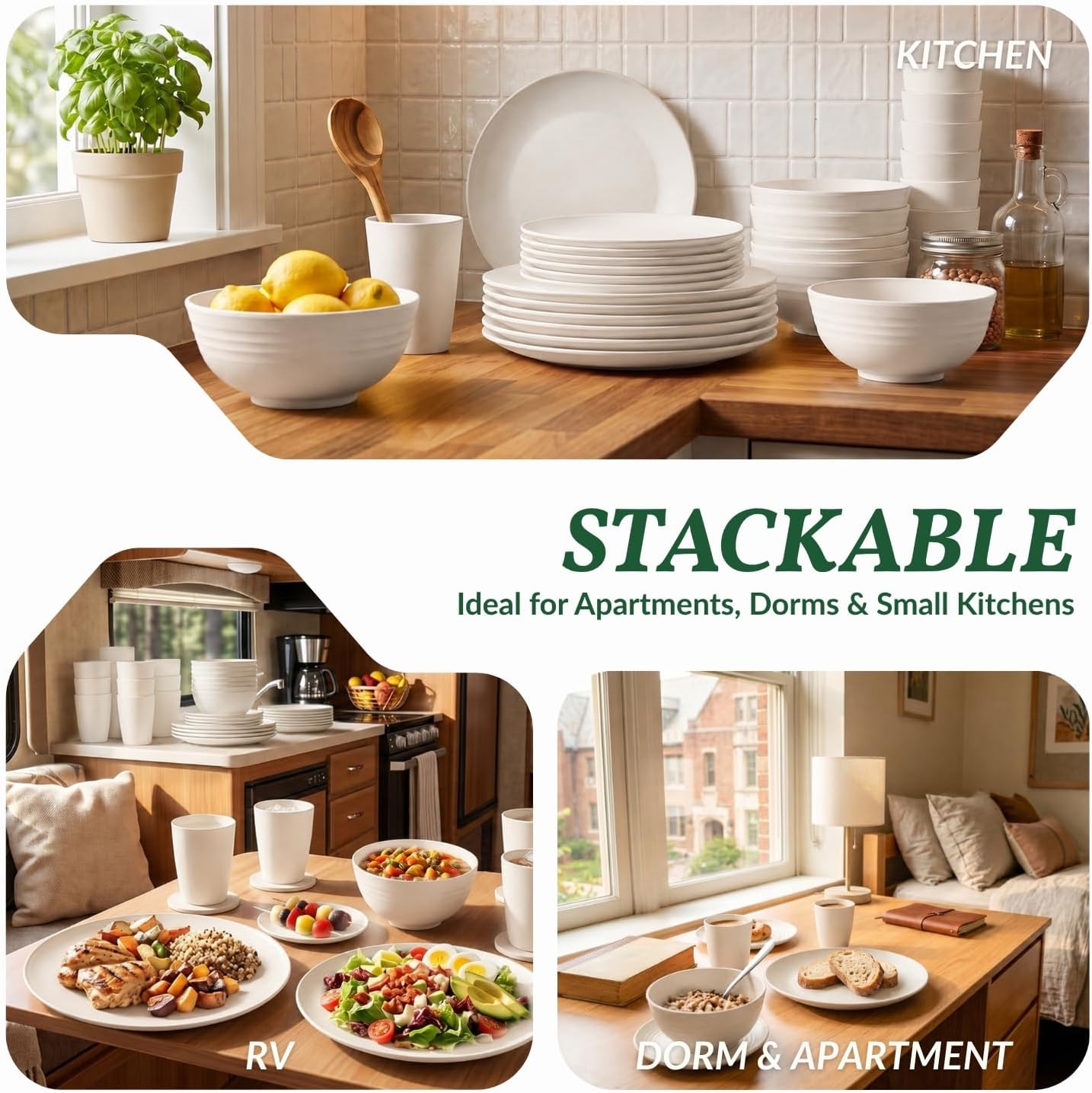 Homienly Wheat Straw Dinnerware Set,40-Piece Dish Set for 8, Dinner Plates, Dessert Plate, Cereal Bowls, Cups, Appetizer Plates,Reusable Dinner Plates Kids Plates and Bowls Sets, White