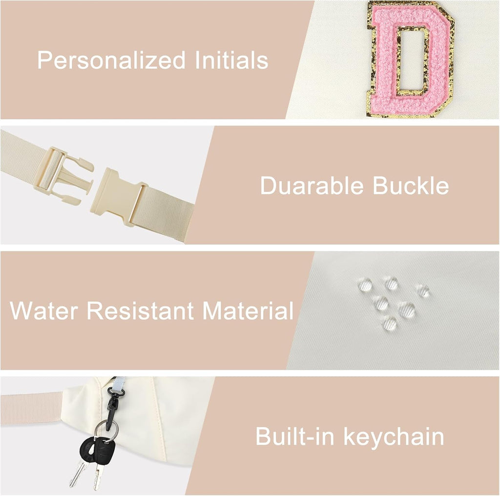 MAXTOP Birthday Gifts for Women Men,Personalized Initial Letter Patch Fanny Pack Crossbody Bag with 3-Zipper Christmas Gift Trendy Stuff for Daughter Sister Her,Beige D