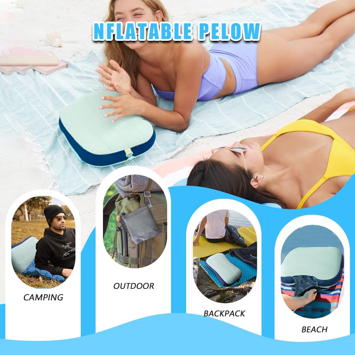 Couleurs Beach Pillow, Inflatable Camping Pillow, Pool Pillow, Removable Pillowcase, Ultralight Neck and Waist Support, Suitable for Camping, Hiking, Backpacking