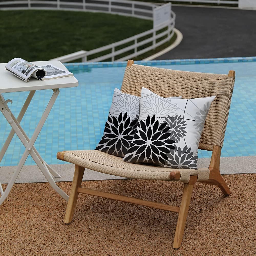 DFXSZ Black Grey Floral Outdoor Pillow Covers 18x18 Set of 2 Waterproof
