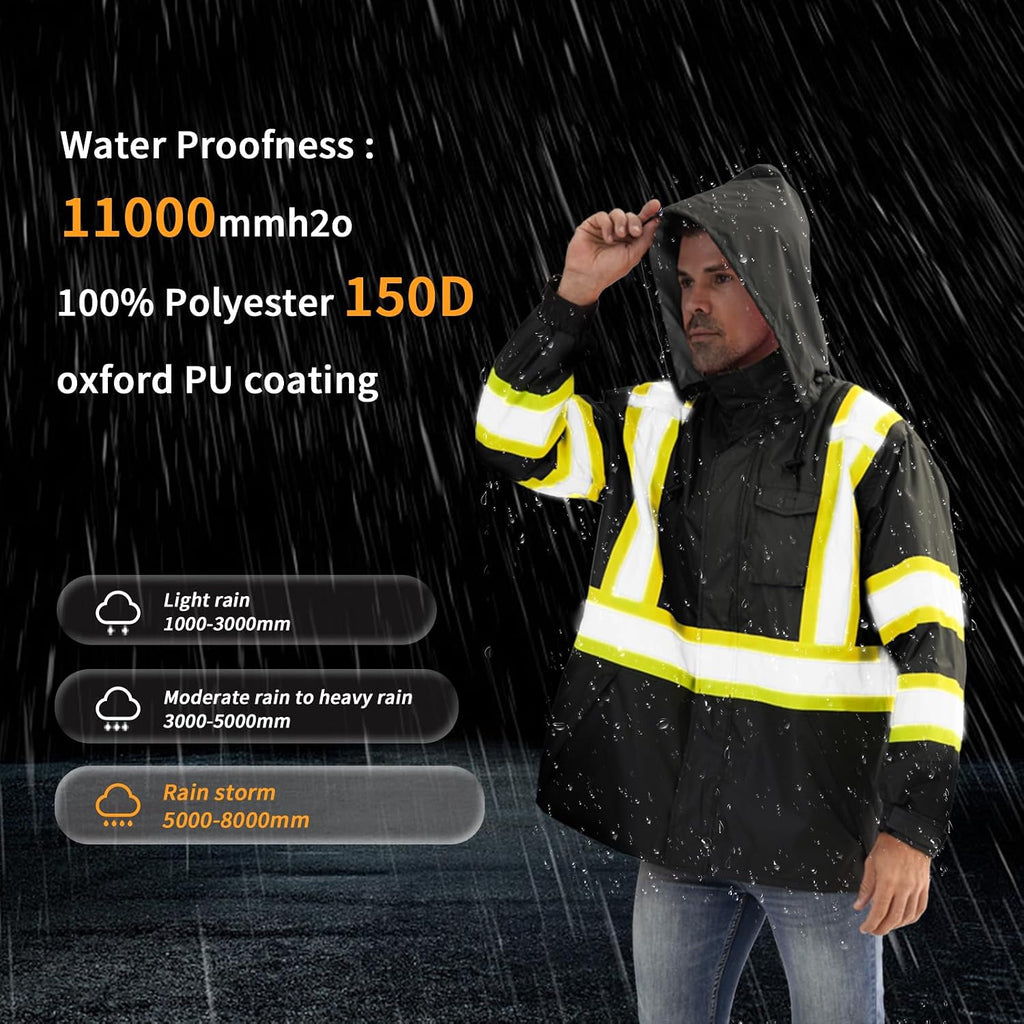Reflective Rain jackets for men waterproof,Hi Vis Safety Coat With Reflective Strips，High Visibility Class 3 Rain jackets With 2 large pockets，Zipper,Black ，4XL/5XL