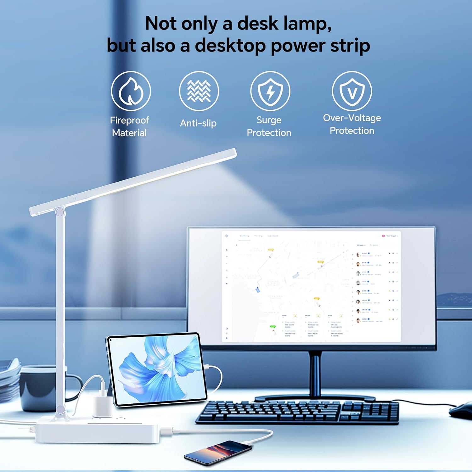 LAOPAO Desk Lamp with USB Charging Port: Power Strip with Surge Protection - 1 Type-C, 1 USB-A Charging Port, 2 AC Power Outlets, Desk Lamps for Home Office College Dorm Room Essentials