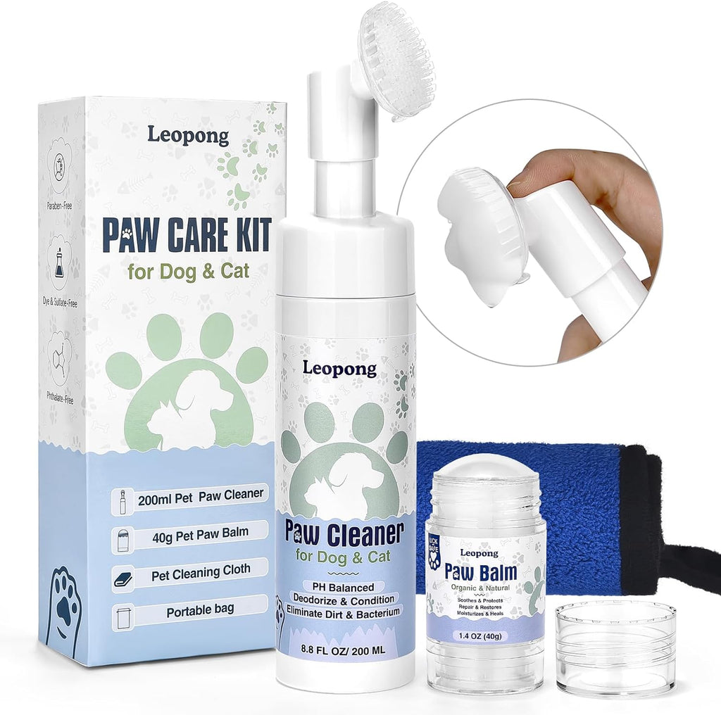 Leopong Dog Paw Cleaner Kit with Paw Balm, No-Rinse Foam, Silicone Brush